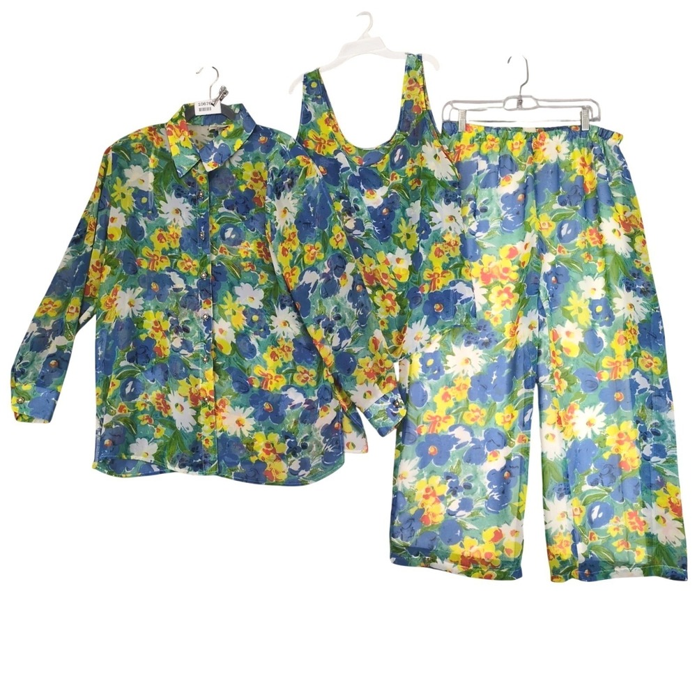 Vintage Raquel by Samtex Floral Chiffon 3pc Outfit Womens 14 Blouse Tank & Pants